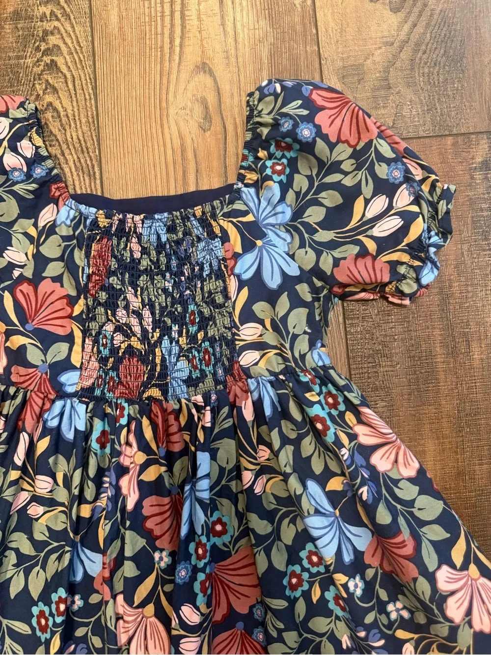 Draper James Girls Navy Floral Puff-Sleeve Twirl Dress